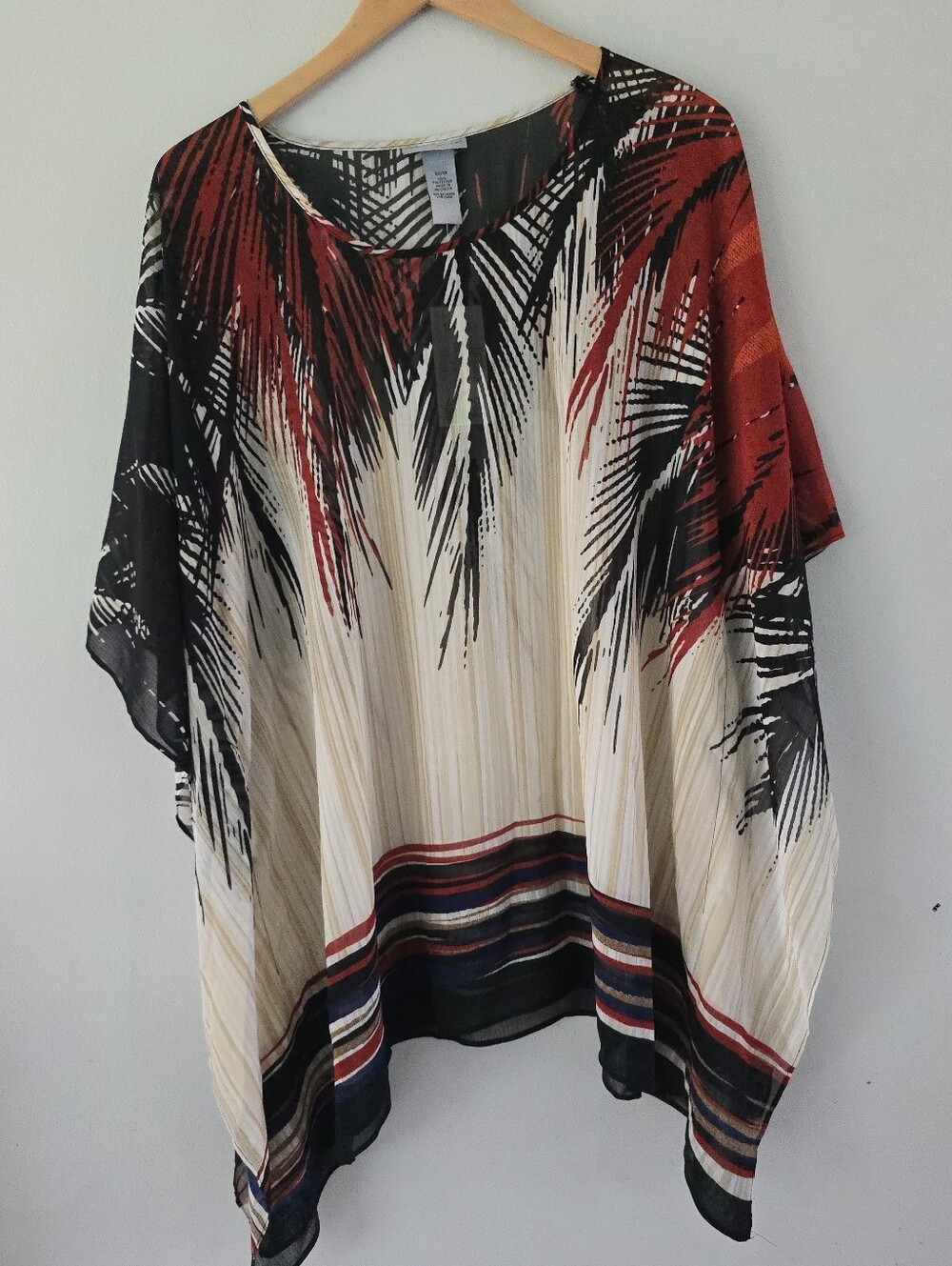 Catherines Cream Tunic with Black Palm-Print and Red Accents